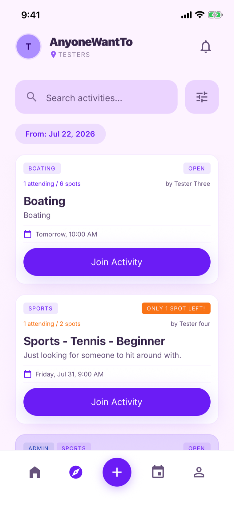 The Anyone Want To app's Discover feed: a Boating meetup tomorrow at 10am with 6 spots, and a beginner tennis hit on Friday with only one spot left — each with a one-tap Join button.