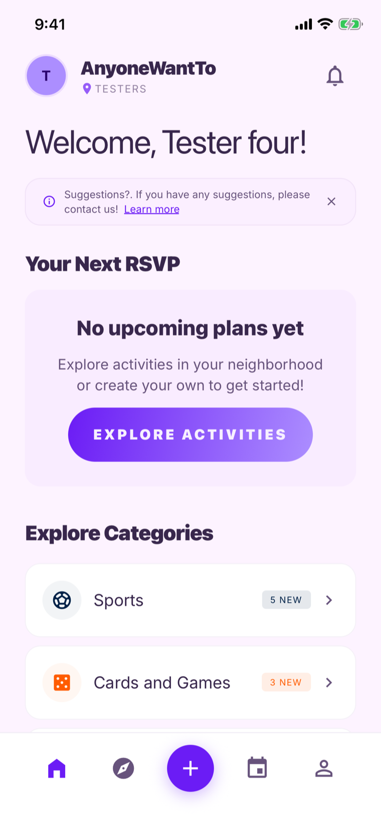 The app's home screen, personalized with a welcome greeting and Explore Categories like Sports and Cards and Games showing new activities in the group this week.